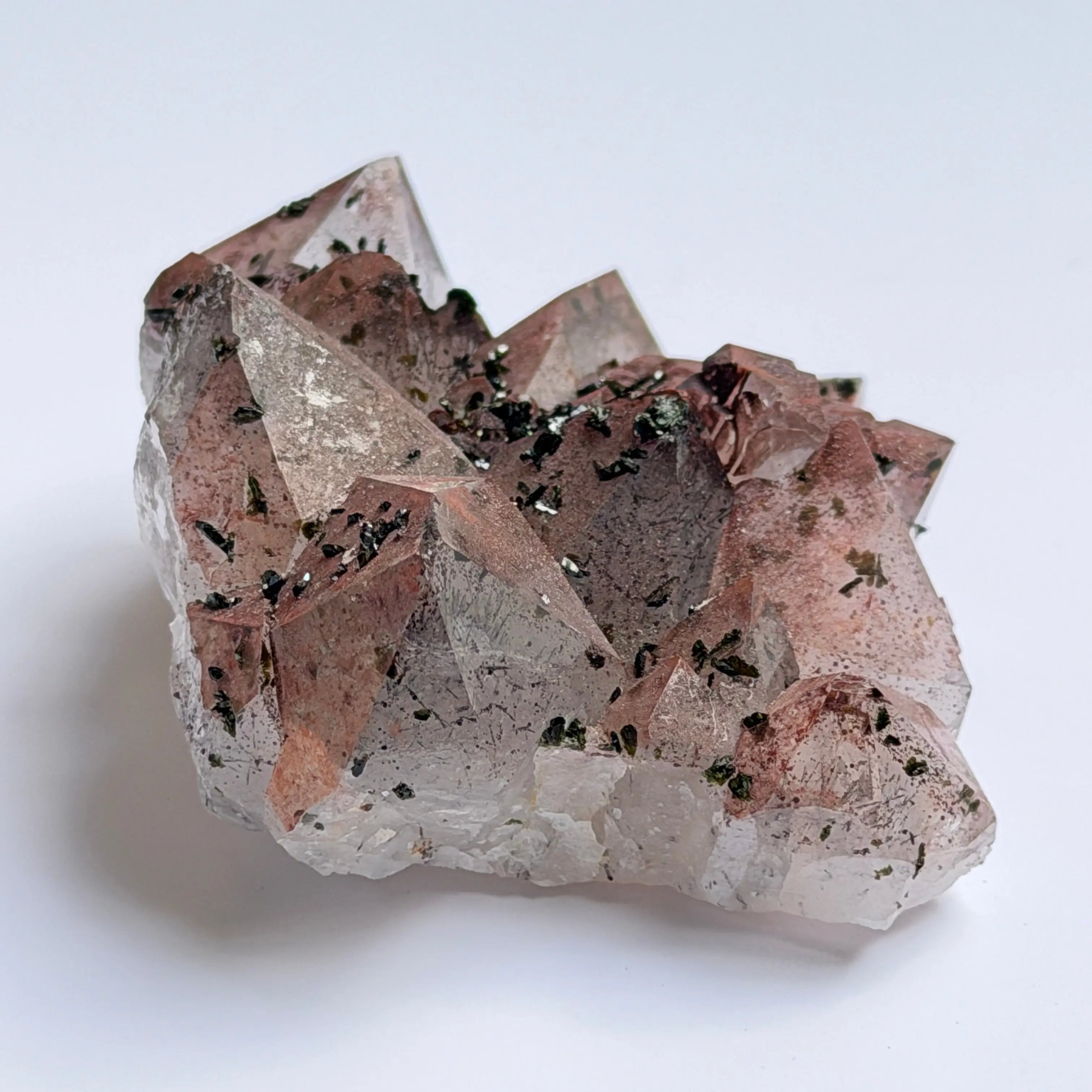 Pink Garden Quartz from Sichuan with Epidote and Hematite view 5